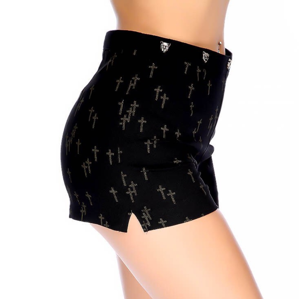 Black Leopard Studded Cross High Waist Mini Shorts